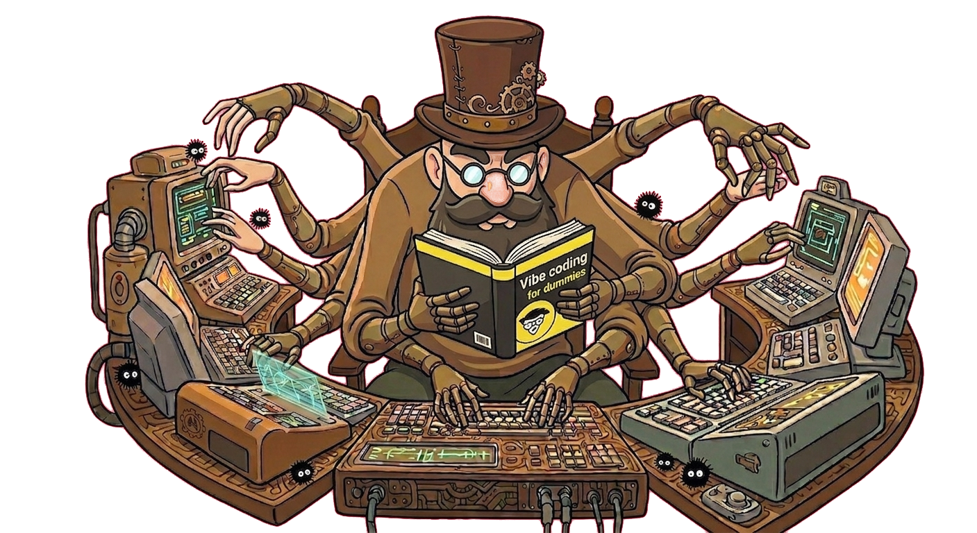An illustrated many-armed steampunk operator reading 'Vibe coding for dummies' while working a ring of terminals and keyboards at once — the spirit of Kamaji running many coding agents in parallel.